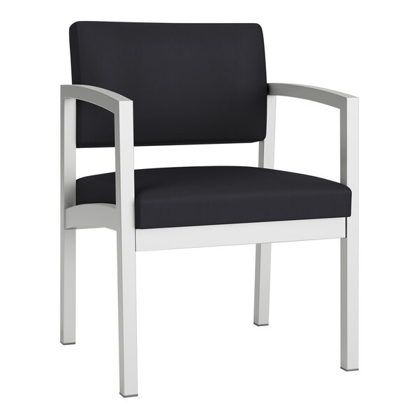 A black Lesro Lenox guest arm chair with a white frame and black vinyl upholstery.