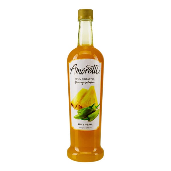 A bottle of Amoretti Spicy Pineapple Beverage Infusion with a label.