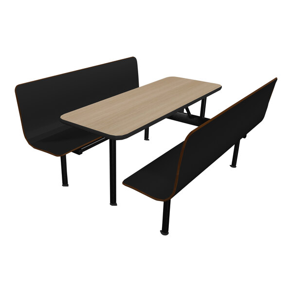 A beige Plymold table with two black benches.