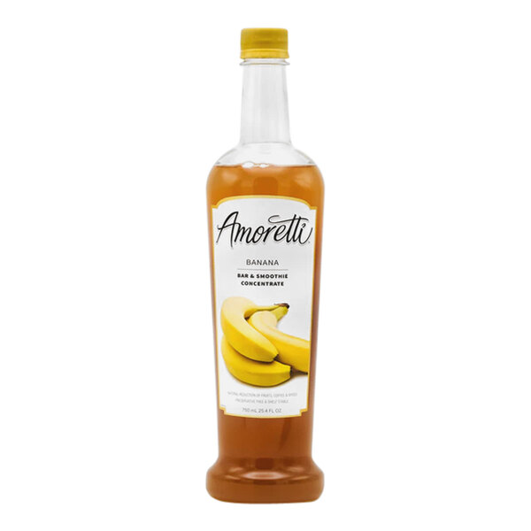 An orange bottle of Amoretti Banana Bar and Smoothie Concentrate with a label of bananas.