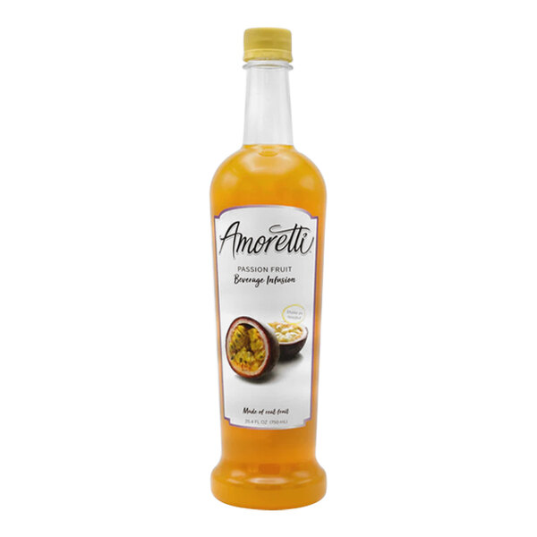 A bottle of Amoretti Passion Fruit Beverage Infusion with a label on it.