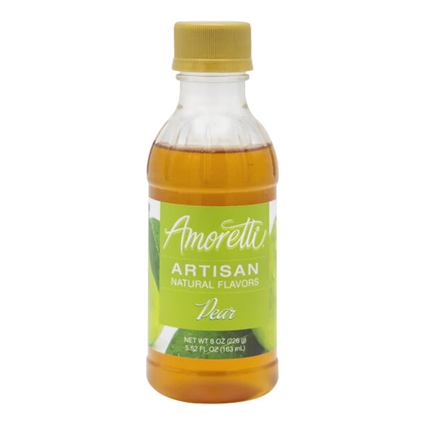 A bottle of Amoretti Pear Artisan Natural Flavor Paste with a green label.