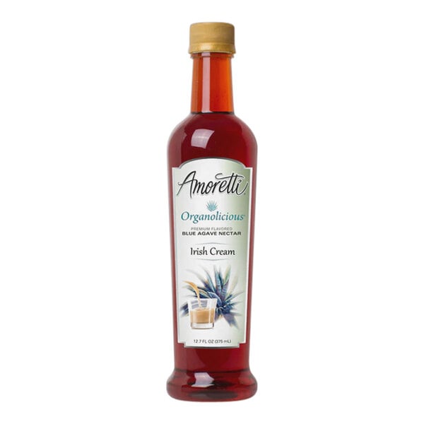 A bottle of Amoretti Organolicious Organic Irish Cream Blue Agave Nectar with a label.