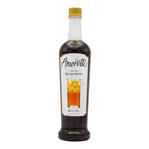An Amoretti bottle of iced tea beverage infusion with an orange label.