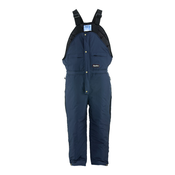 A pair of navy blue RefrigiWear insulated bib overalls with black straps.