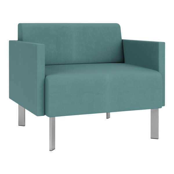 A teal Lesro Luxe Lounge arm chair with silver legs.