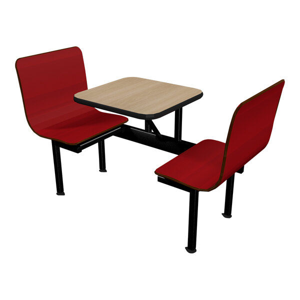 A beige Plymold table and bench set with black legs.