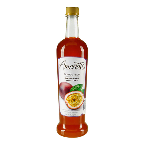 A bottle of Amoretti Passion Fruit Bar and Smoothie Concentrate with a label.