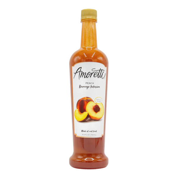 A bottle of Amoretti Peach Beverage Infusion with a close up of peaches on the label.