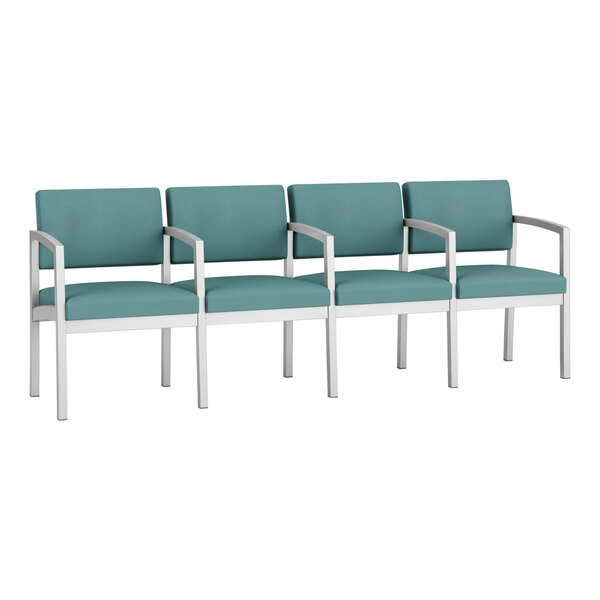 A row of Lesro Lenox steel blue vinyl chairs with white legs.