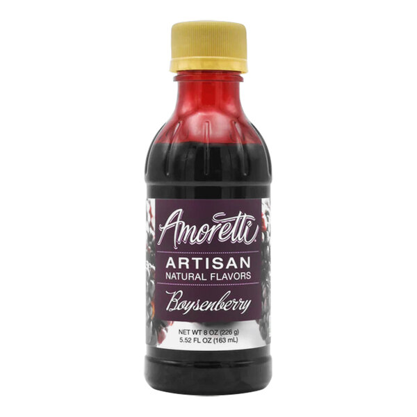 A bottle of Amoretti Boysenberry Artisan Natural Flavor Paste with a purple label.