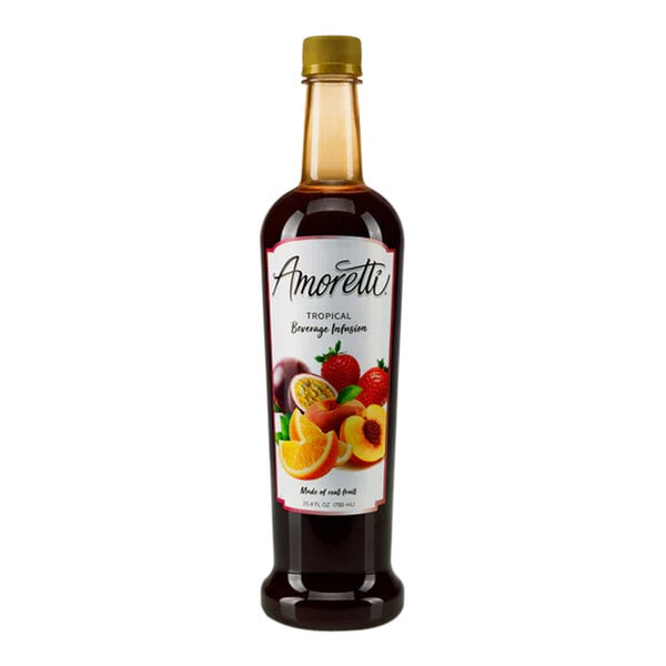 A bottle of Amoretti Tropical Beverage Infusion syrup with a label.