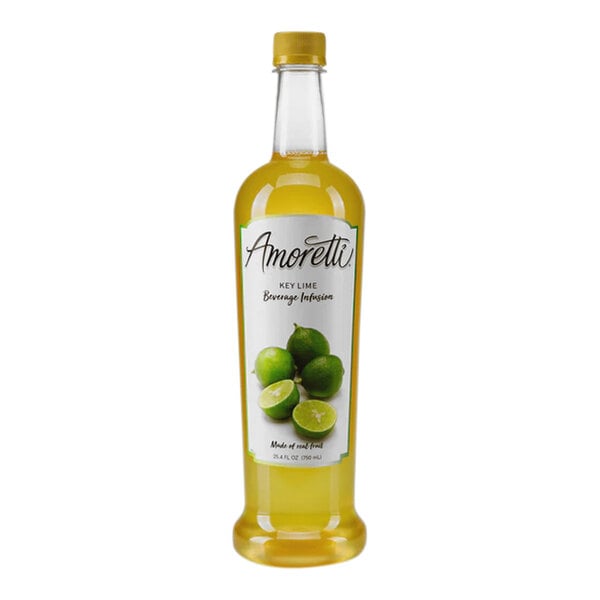 A bottle of Amoretti Key Lime Beverage Infusion with limes on the label.