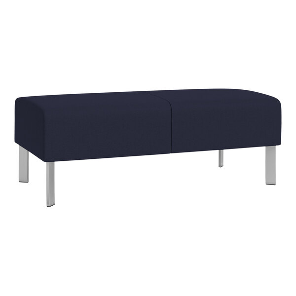 A navy blue Lesro Luxe Lounge bench with steel legs.