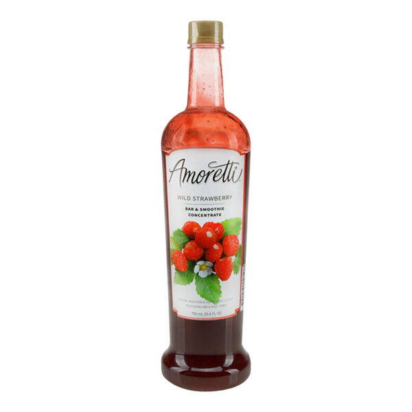 A bottle of Amoretti Wild Strawberry Bar and Smoothie Concentrate on a white background.