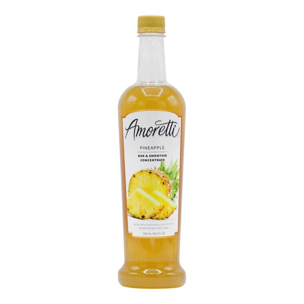 A bottle of Amoretti Pineapple Bar and Smoothie Concentrate with an orange label.