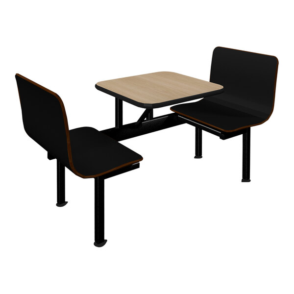 A beige Plymold table with 2 black benches.
