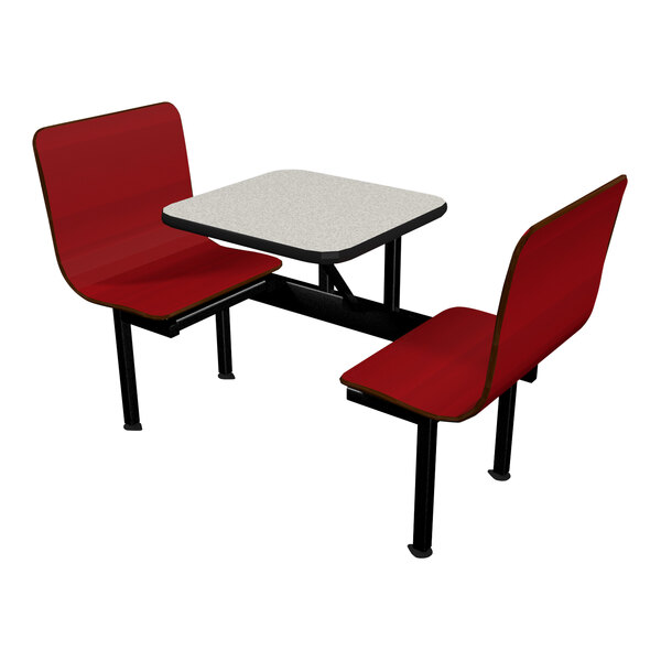 A white Plymold table with black legs and red benches.
