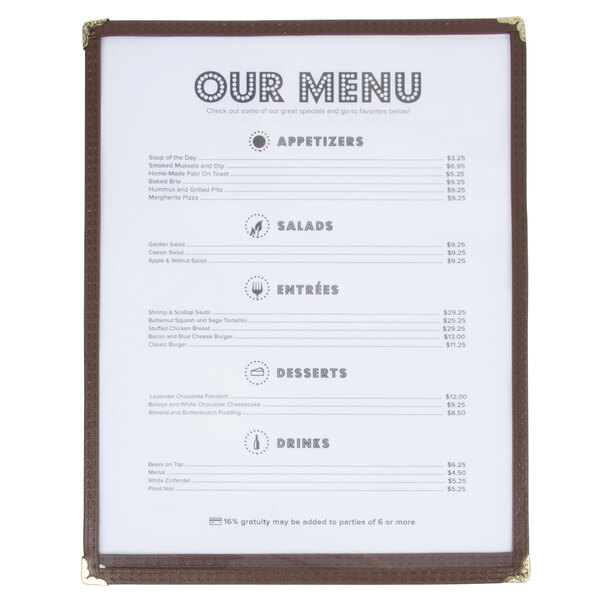 8 1/2" x 11" Single Pocket Menu Cover Brown