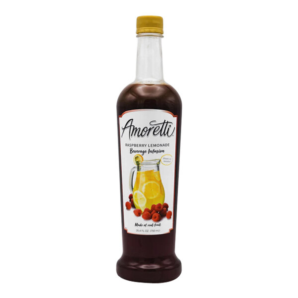 An Amoretti Raspberry Lemonade Beverage Infusion bottle on a white background with a label.