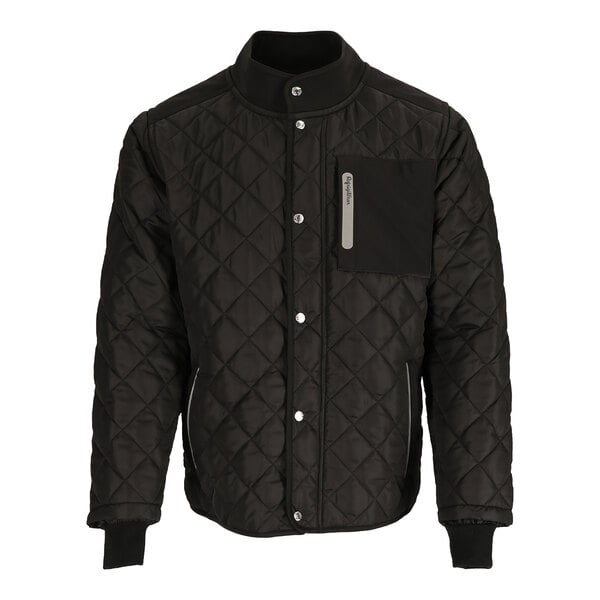A black Refrigiwear diamond quilted jacket with a zipper.