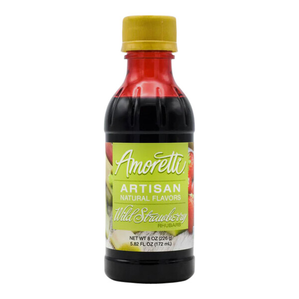 A black bottle of Amoretti Wild Strawberry Rhubarb Artisan Natural Flavor Paste with a yellow label and cap.