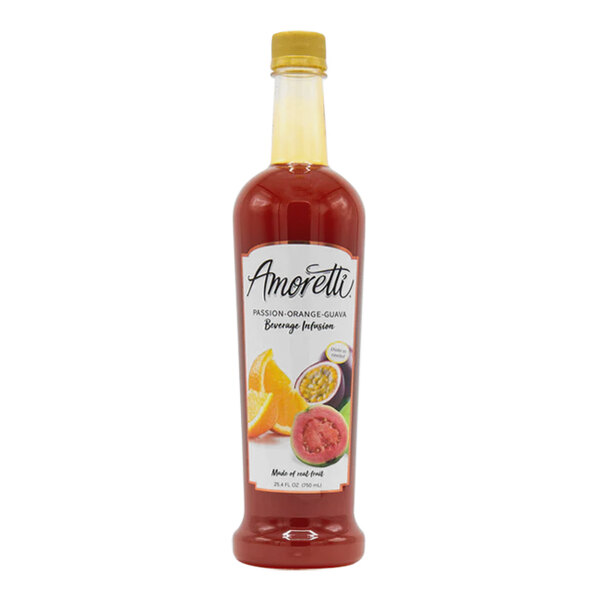A bottle of Amoretti Passion-Orange-Guava Beverage Infusion with a label on a white background.