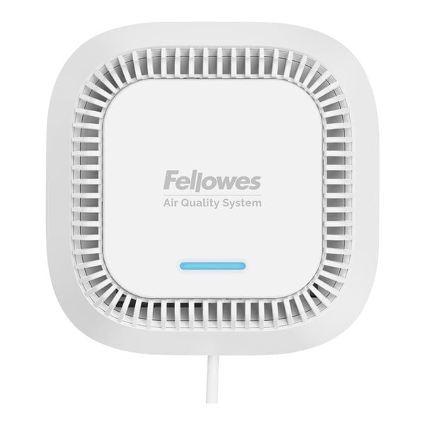 A white Fellowes Array Signal air quality monitoring device with a blue light.