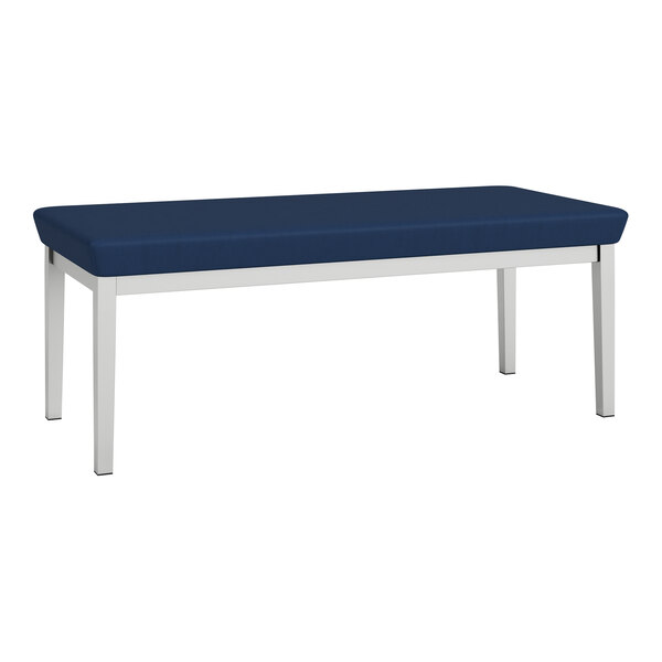 A Lesro Lenox steel bench with blue vinyl and metal legs.