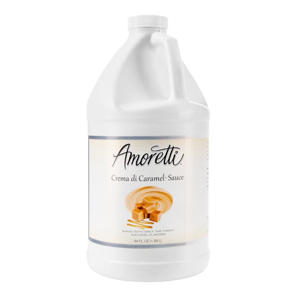 A jug of Amoretti Crema di Caramel Sauce with a label.