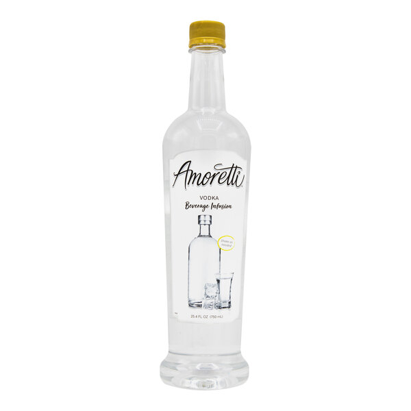 A white Amoretti bottle of vodka infusion with a yellow cap and label.