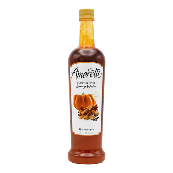 A bottle of Amoretti Pumpkin Spice Beverage Infusion with a label.