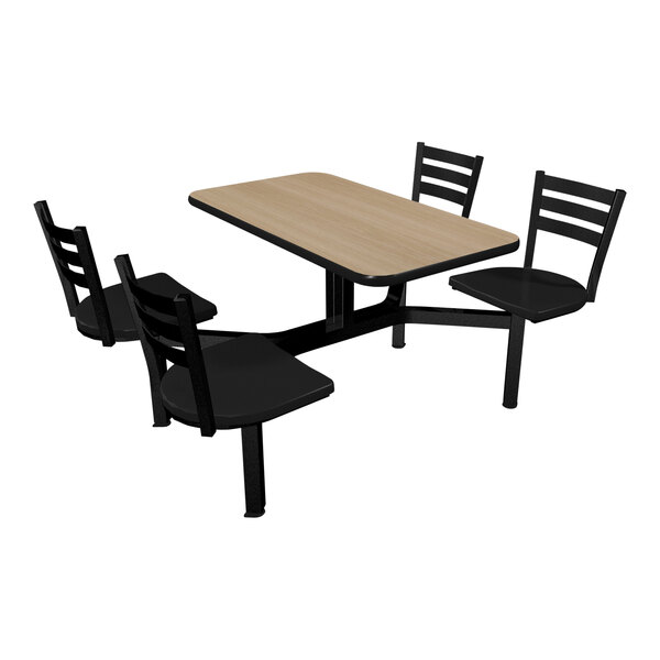 A beige Plymold cafeteria table with black chairs around it.