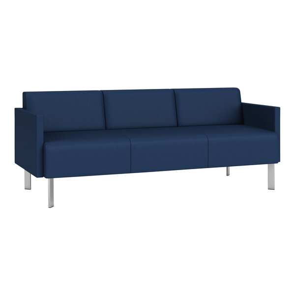 A blue Lesro Luxe Lounge sofa with silver legs.
