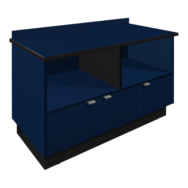 A blue Plymold Atlantis double microwave cabinet with drawers on top.