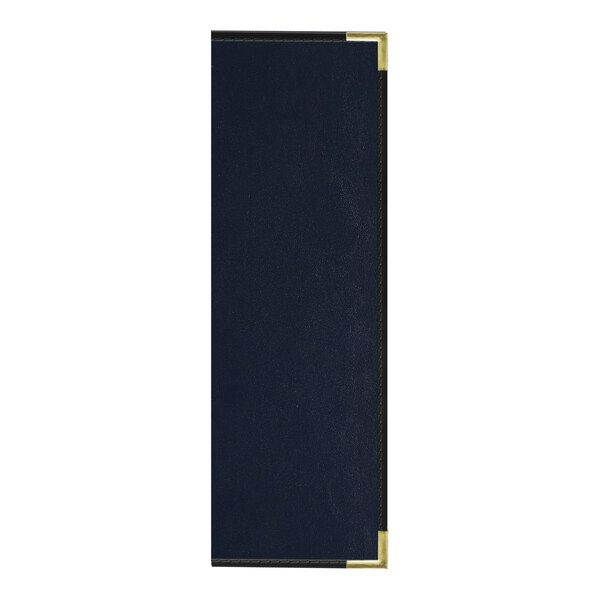 A black rectangular menu cover with gold corners and trim and a blue fabric interior.