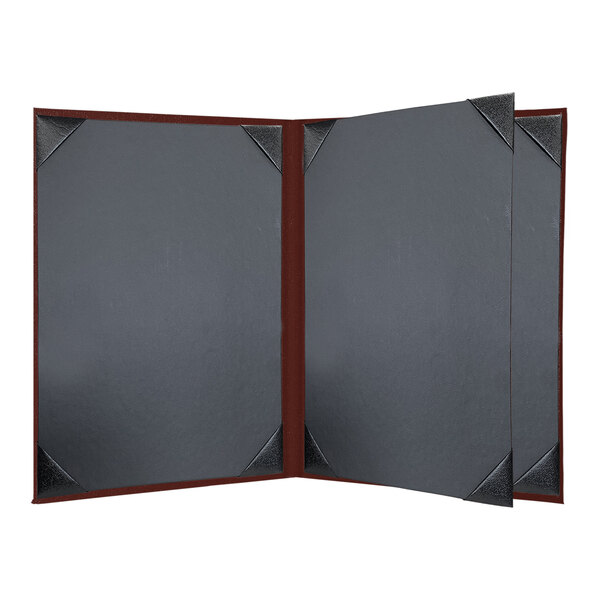 A black menu cover with red album style corners.