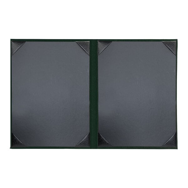 A black and green rectangular menu cover with black metal corners.