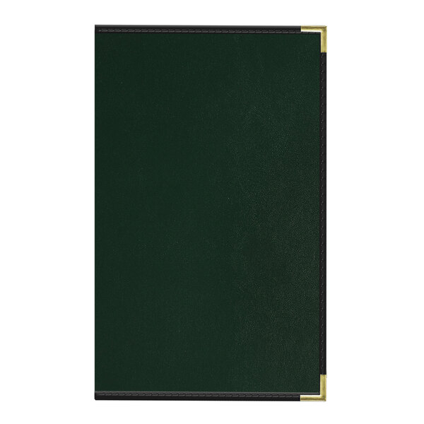 A green leather menu cover with a white border and black trim.