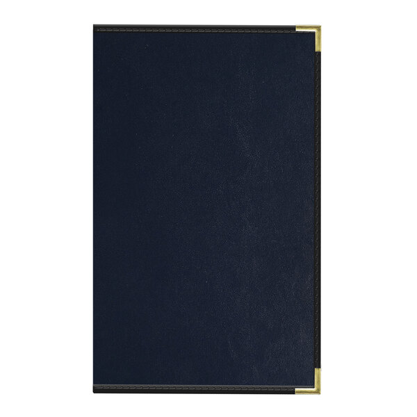 A navy blue Oakmont menu cover with gold trim on the spine and corners.