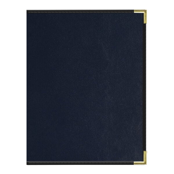 A blue menu cover with white corners and stitching.