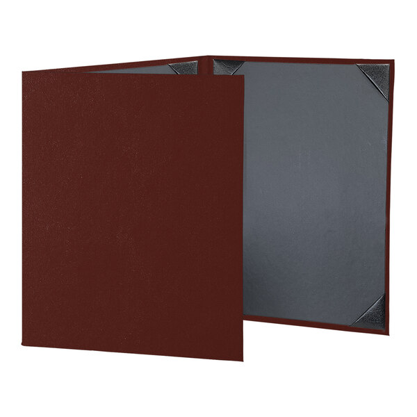 A red menu cover with silver album style corners.
