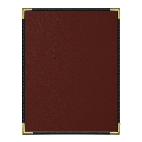 A red leather menu cover with black trim.