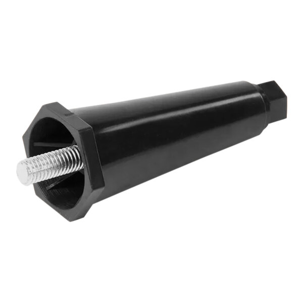 A black plastic screw with a metal screw on the end.