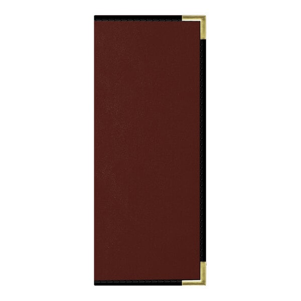 A brown leather menu cover with gold trim on the corners.