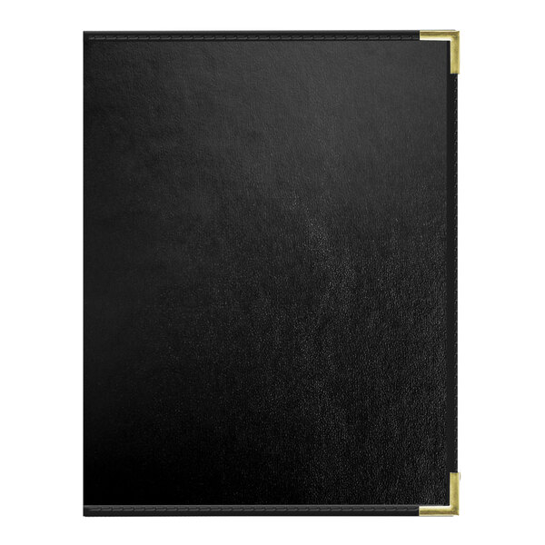 A black leather menu cover with white border and gold corners.