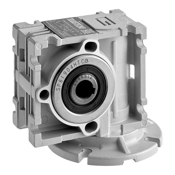 A grey metal Estella automatic feed gear box with a round center and gears inside.