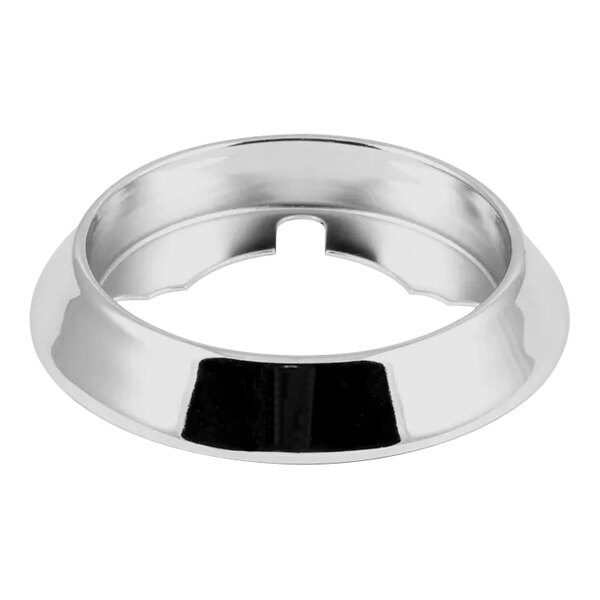 A chrome plated knob bezel with a silver ring and hole.