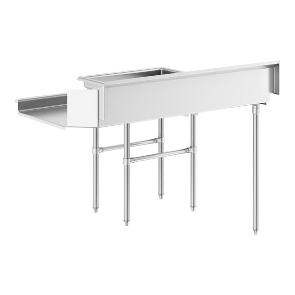 A stainless steel L-shaped table with four legs and a raised edge, designed for use in a commercial setting.