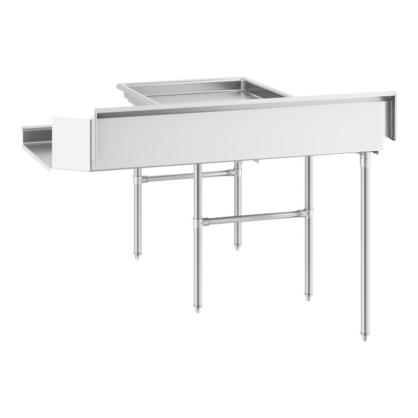 A stainless steel L-shaped table with a raised edge and multiple legs for support.